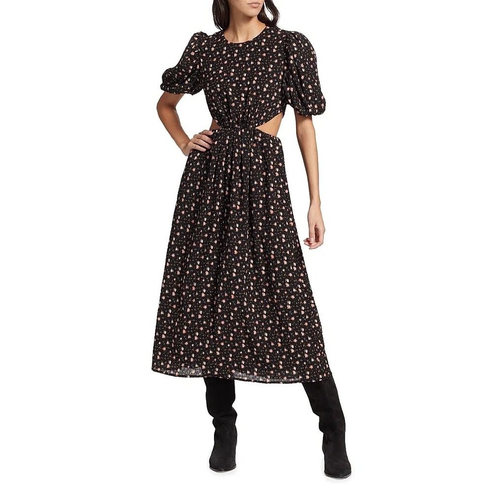 WAYF Marcela Floral Cut-Out Midi Dress Black Ditsy Puff‎ Sleeve Size XS NWT $188